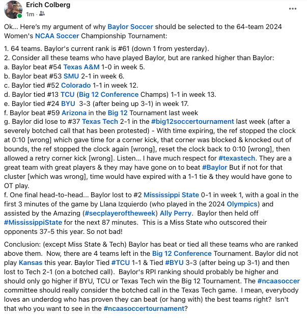ErichColberg's tweet photo. @chris_awk: I didn't complain when @avacolberg was completely robbed of the 2021 @Big12 All-Freshman Team [blatant felony robbery]. But here's why @BaylorFutbol should be in the @NCAASoccer Tournament. Thoughts?
@SicEm365, @CS360updates, @SicEmSoccer, @365sportsYT, @BE_SicEm365 https://t.co/B2nZ1iDFN8
