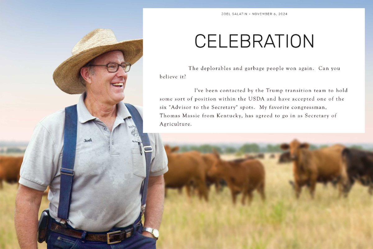 KanekoaTheGreat's tweet photo. BREAKING: Joel Salatin, a renowned regenerative farming expert, has revealed he’ll serve as an advisor to Secretary of Agriculture Rep. Thomas Massie in a groundbreaking move to reform the USDA.

This would be revolutionary for American farming, agriculture, and public health.

"I've been contacted by the Trump transition team to hold some sort of position within the USDA and have accepted one of the six "Advisor to the Secretary" spots.  My favorite congressman, Thomas Massie from Kentucky, has agreed to go in as Secretary of Agriculture.

He's been the sponsor of the PRIME ACT, which, if pushed through, would be the biggest shot across the bow of the entrenched industrial meat processing system we've seen in a century.  Let liberty ring.  Wouldn't that be a change of fortune for Big Ag?

If RFK Jr. goes in as Sec. of Health and Human Services, everything will be inverted.  Talk about the coolest turn about.  He'd be the boss of the Faucis and Francis Collins--the whole covid anti-science crowd.  Wouldn't that be a change of fortune for Big Pharma?

And if Elon Musk goes in as a Government Waste Czar, do you think he could possibly find something?"