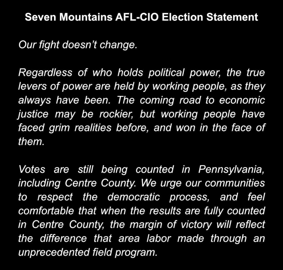 7mountainsAFL's tweet photo. Our statement on the election results.

Billionaires may have seized new heights of power, but the fight remains the same. The moment demands that we engage with @UAW's call to prepare for mass strike action on May 1, 2028. https://t.co/8sPvkqEysL