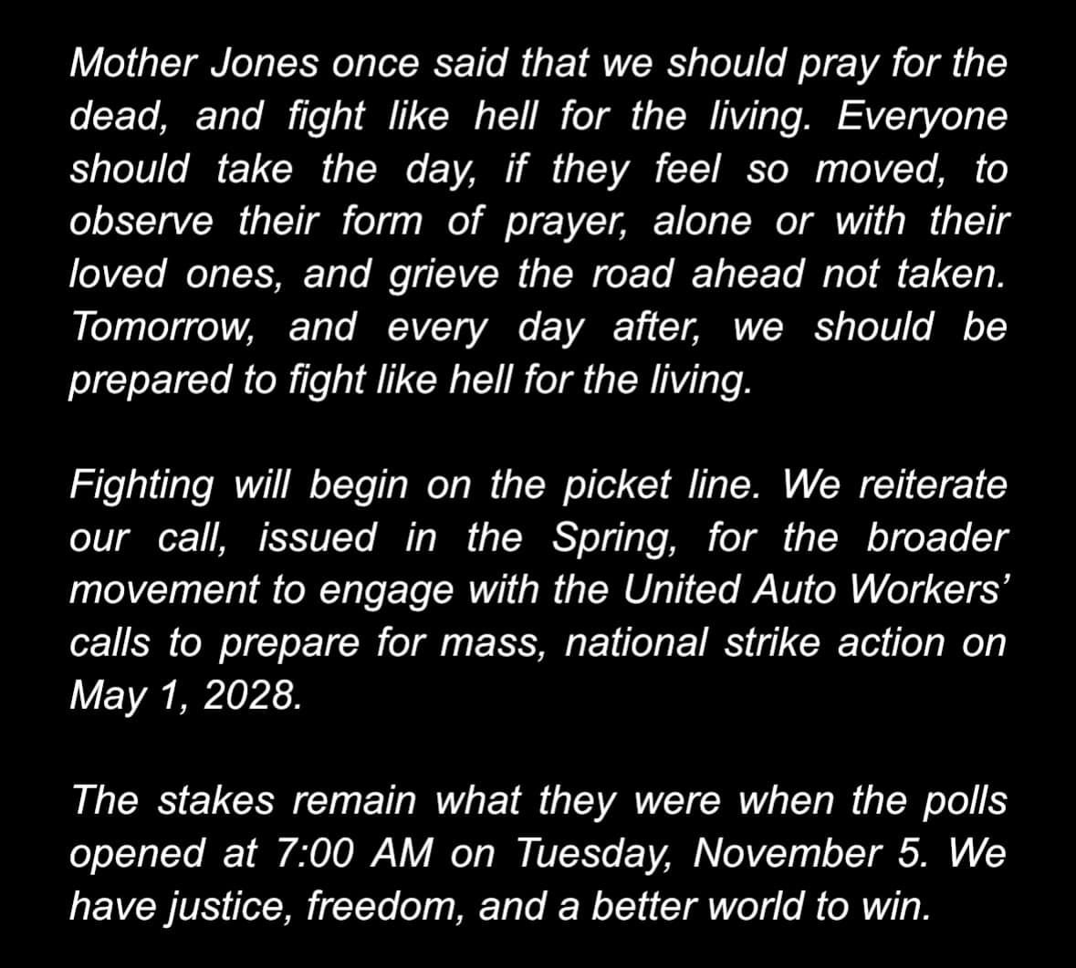 Our statement on the election results.

Billionaires may have seized new heights of power, but the fight remains the same. The moment demands that we engage with <a href="/UAW/">UAW</a>'s call to prepare for mass strike action on May 1, 2028.