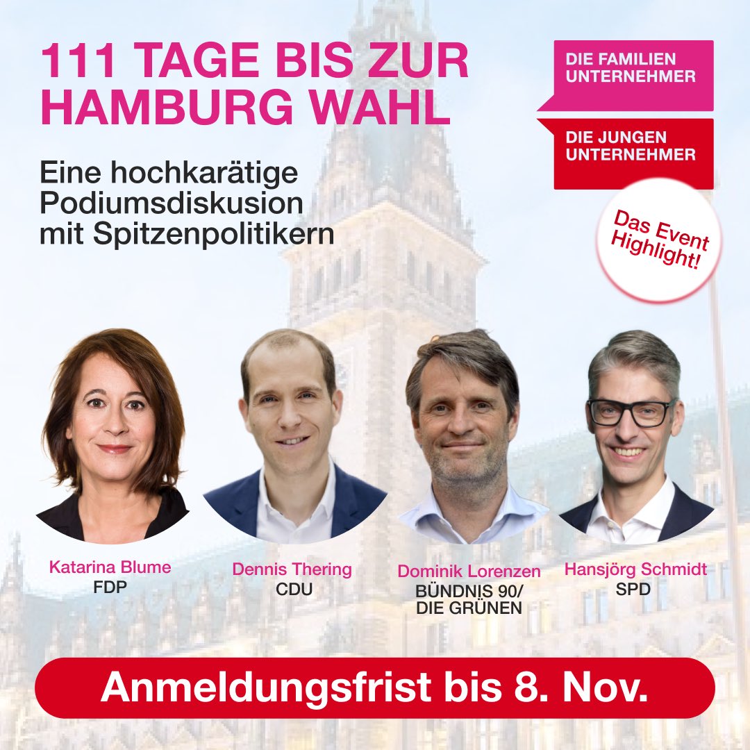 Genau 111 Tage vor der Hamburg-Wahl 2025 heißt es am 11.11.2024: Willkommen zur WAHLARENA!

Wir freuen uns neben den Spitzenpolitikern, auch auf Unternehmerin Sarna Röser. 
Und auf <a href="/ndr/">NDR.de</a> Moderatorin Inka Schneider.

Anmeldung nur noch bis 8.11. hier: familienunternehmer.eu/wahl-hh25