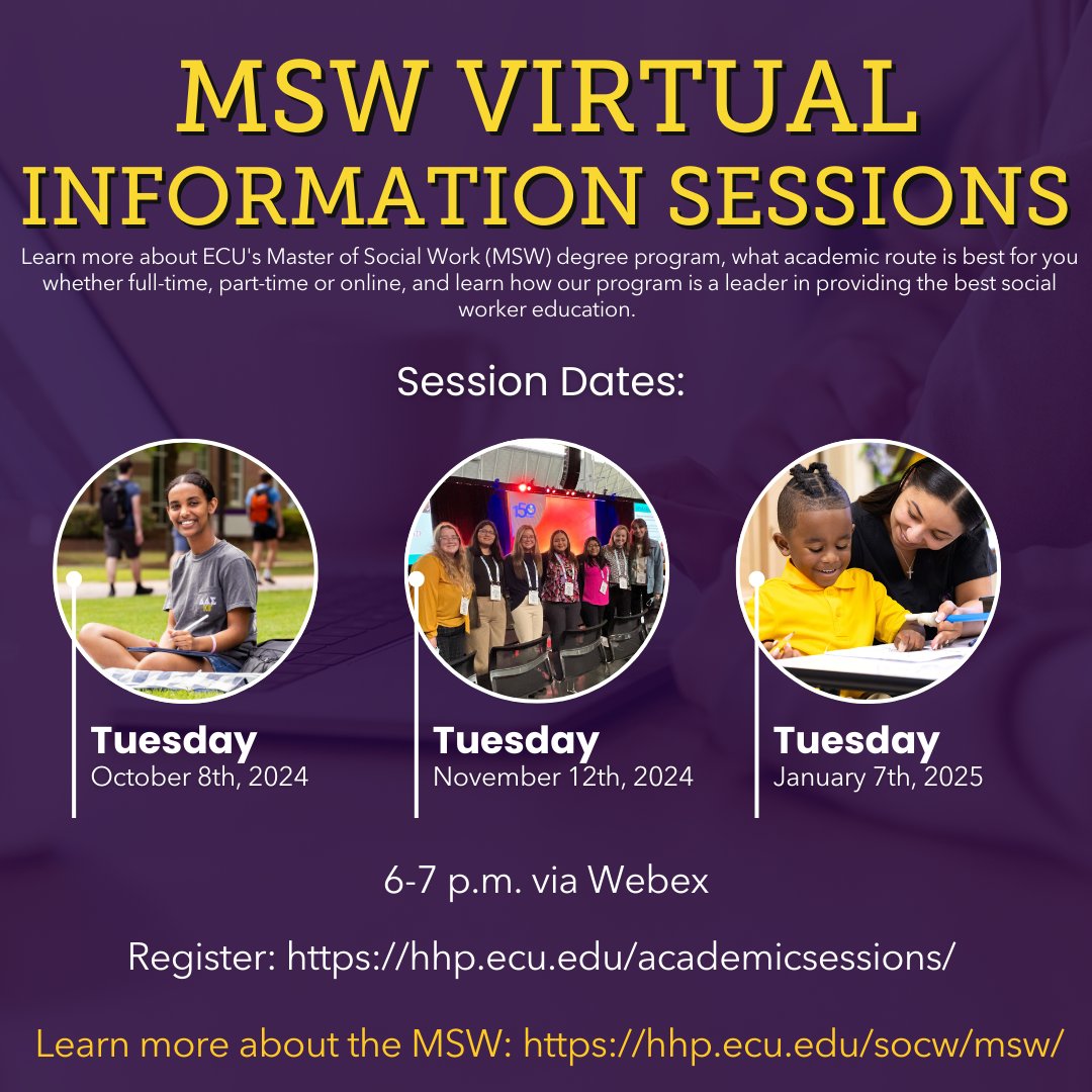 Interested in #ARRRGH MSW program? We have 3️⃣ virtual information sessions coming up for you to learn more. Register here ➡️ hhp.ecu.edu/academicsessio…
<a href="/ECUGradSchool/">East Carolina University Graduate School</a>
