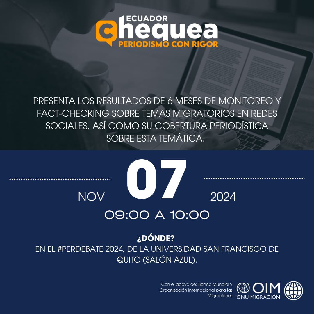 ECUADORCHEQUEA's tweet photo. 📰✍🏼 #EcuadorChequea estará presente en el #PerDebate 2024 de la @USFQ_Ecuador. Hablaremos sobre cómo es la cobertura periodística y el fact-checking en temas de migración.
📍 Universidad San Francisco de Quito (Salón azul)
⏰ 09:00
¡No te lo pierdas! https://t.co/37JGSRldMt