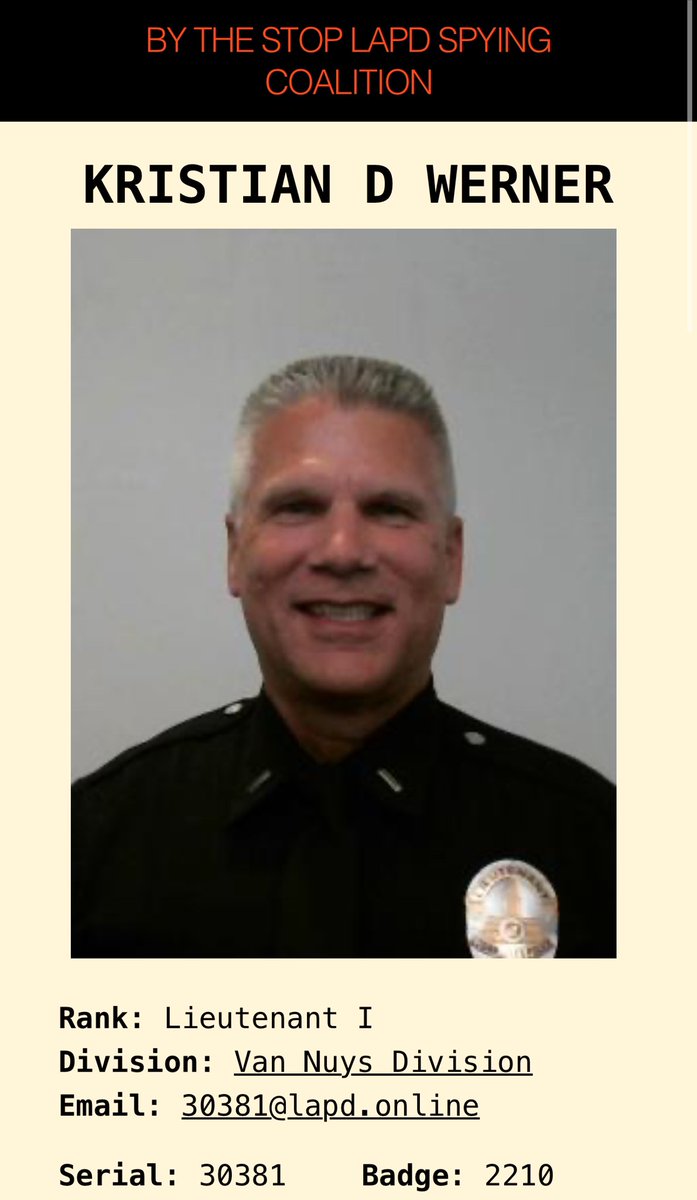 FilmThePoliceLA's tweet photo. “No Blacks West of Broadway.”

That’s the order LAPD Lieutenant KRISTIAN WERNER gave as a supervisor. Apparently it’s a crime for Blacks to be west of Broadway. https://t.co/13xITlaBxb