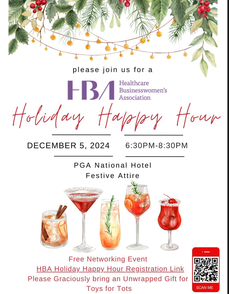 Join the #HBApalmbeach Chapter for a Holiday meet and greet happy hour networking event.  Please use the QR code on the flyer to register.  We are looking forward to seeing you all!!