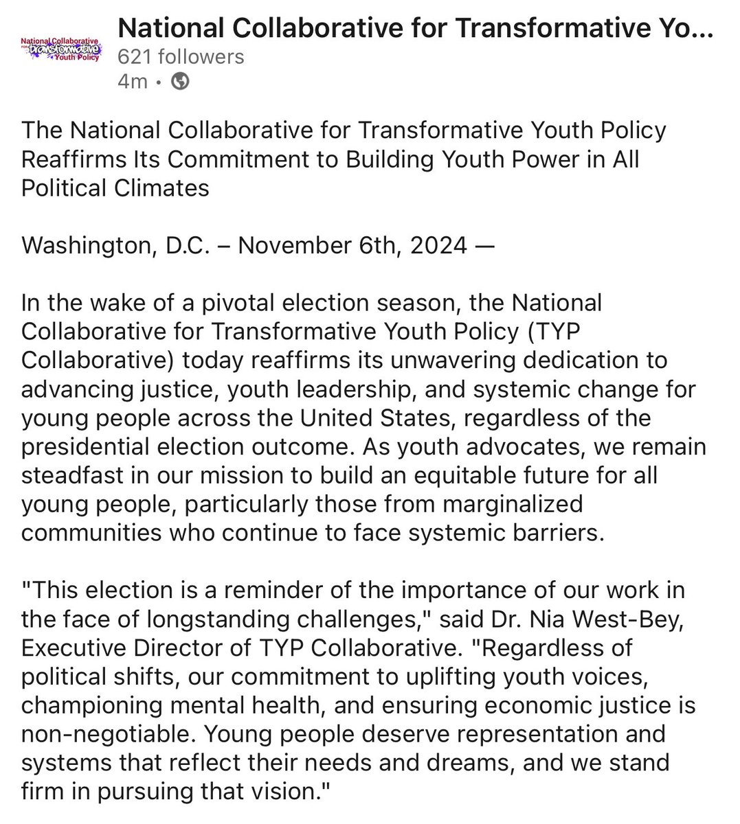 typcollab's tweet photo. The National Collaborative for Transformative Youth Policy Reaffirms Its Commitment to Building Youth Power in All Political Climates

See the full press release on the TYP Collaborative LinkedIn! https://t.co/pKi2oAbGag