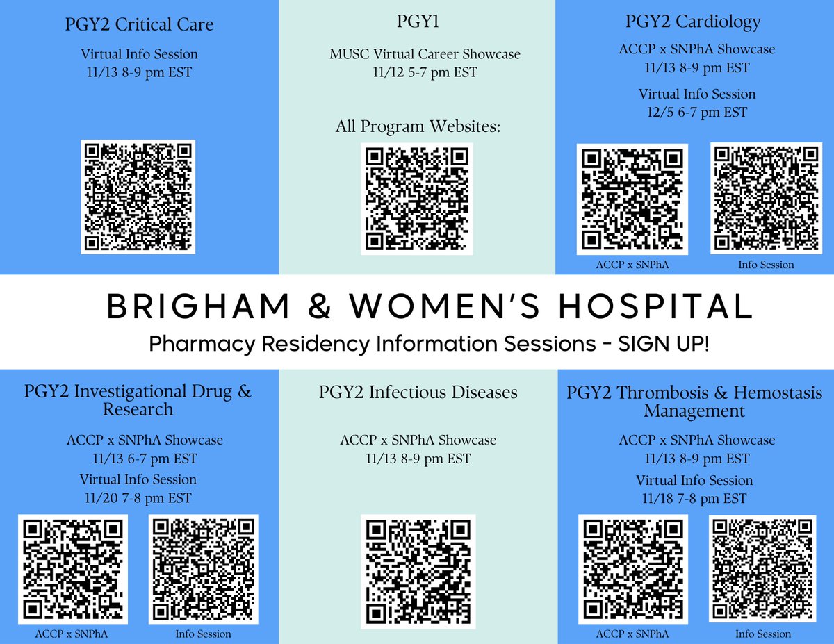 Interested in a pharmacy residency at BWH? Want to learn more? Join us for one our PGY1 or PGY2 information sessions! #PharmRes #TwitteRx