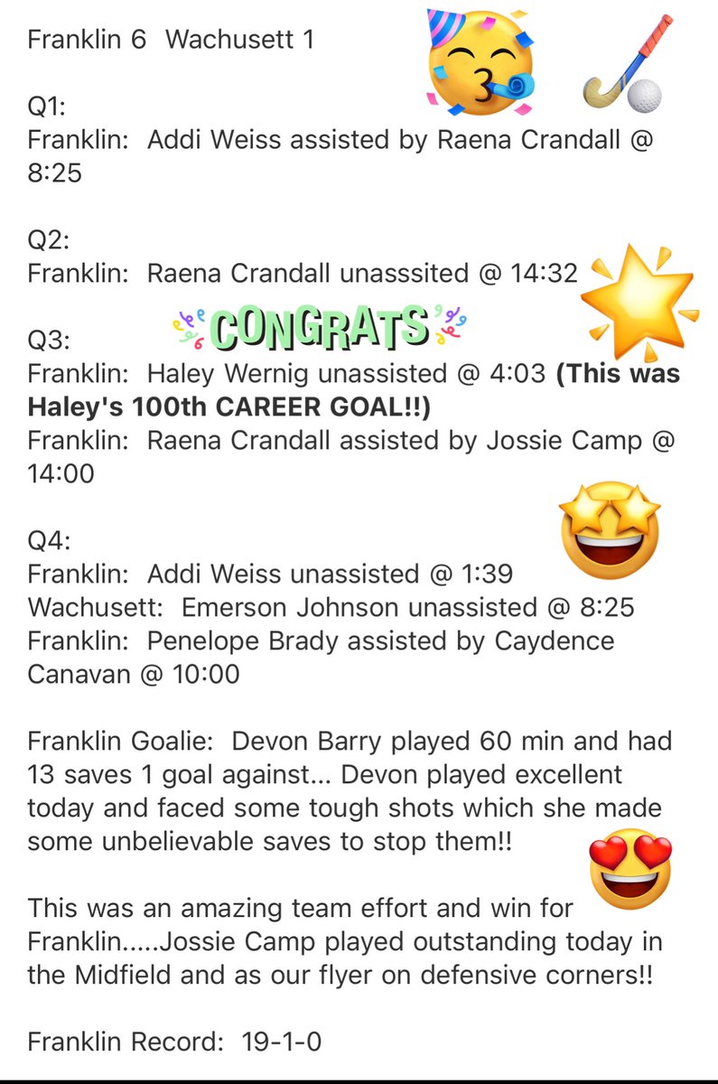 🎉🏑 Ohhh what a night!!! That’s how you get it done Franklin Field Hockey!!  Complete TEAM WIN!! We are all so PROUD OF YOU!!  Let’s keep rolling… 🎉🏑

👏👏 CONGRATULATIONS HALEY WERNIG on your 100th Career Goal!!👏👏

NEXT Up…..Walpole!! 💪 We’ve got this!! 💪