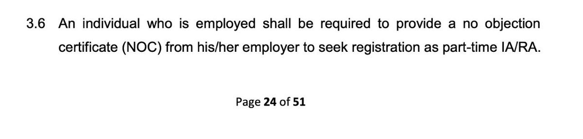 arbindonline's tweet image. Just when I was beginning to think that the part time RA/IA regulations may work out for employed folks like me, comes the below rule for a mandatory NOC from employer. 

No company will ever bother to give this.

#ResearchAnalyst 
#InvestmentAdvisor