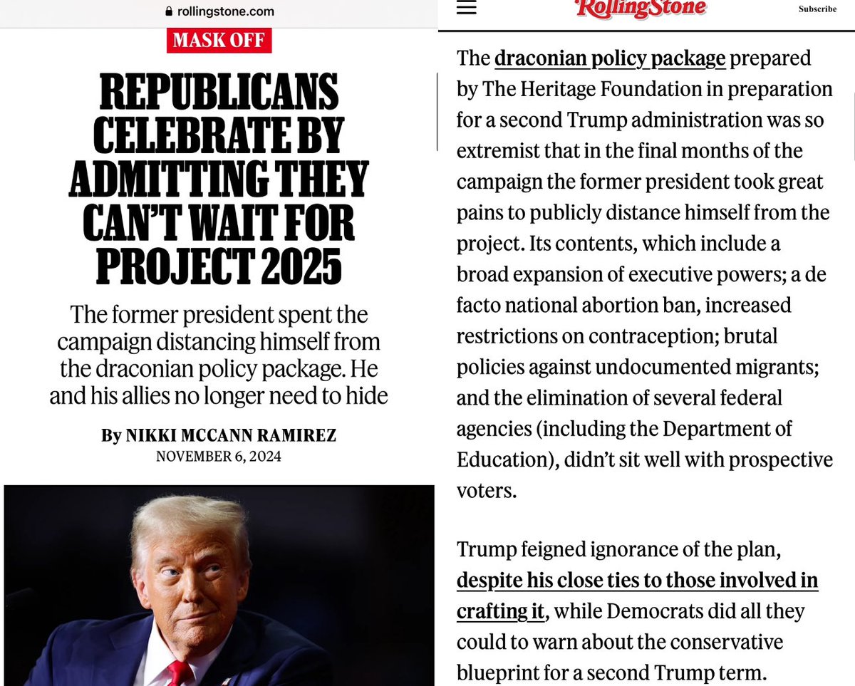 ROLLING STONE: “Trump feigned ignorance of Project 2025 — Sure enough, less than 24 hours after the election his allies, advisers, and prominent supporters were celebrating the now-open road to Project 2025’s implementation.” 🤥 rollingstone.com/politics/polit…