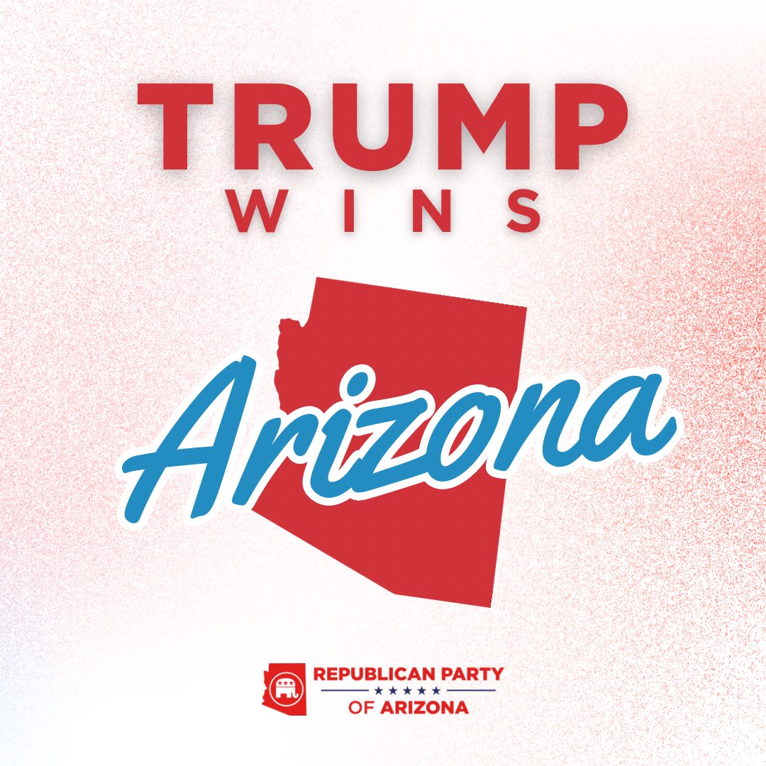 Republican Party of Arizona (@azgop) on Twitter photo 🇺🇸 PRESIDENT TRUMP WINS ARIZONA 🇺🇸
Thank you <a href="/realDonaldTrump/">Donald J. Trump</a> for stepping back into the ring. You never gave up on us, and we will never give up on you.
Thank you to everyone who helped make this happen.
Let the Golden Age begin! 🇺🇸 PRESIDENT TRUMP WINS ARIZONA 🇺🇸
Thank you <a href="/realDonaldTrump/">Donald J. Trump</a> for stepping back into the ring. You never gave up on us, and we will never give up on you.
Thank you to everyone who helped make this happen.
Let the Golden Age begin!