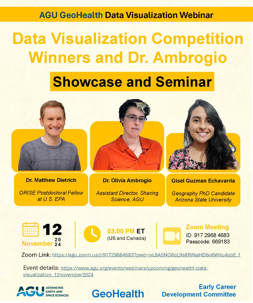 AGU_GeoHealth (@agugeohealth) on Twitter photo On Nov 12 at 3pm ET, join us the <a href="/AguGeohealth/">AGU_GeoHealth</a> Data Visualization Webinar!
Two winners from the 2024 fall
#GeoHealth Data Visualization competition will present their winning work.
Also, learn from Dr. Ambrogio about science communication!
Zoom: agu.zoom.us/j/91729684683?… On Nov 12 at 3pm ET, join us the <a href="/AguGeohealth/">AGU_GeoHealth</a> Data Visualization Webinar!
Two winners from the 2024 fall
#GeoHealth Data Visualization competition will present their winning work.
Also, learn from Dr. Ambrogio about science communication!
Zoom: agu.zoom.us/j/91729684683?…