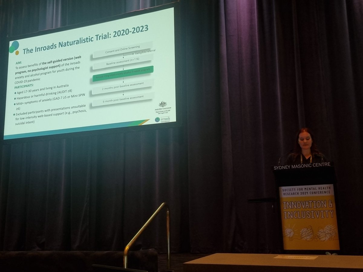 Laura Wade shares results from the <a href="/inroads_program/">Inroads Program</a> early intervention for alcohol use and anxiety over a series of trials #SMHR2024