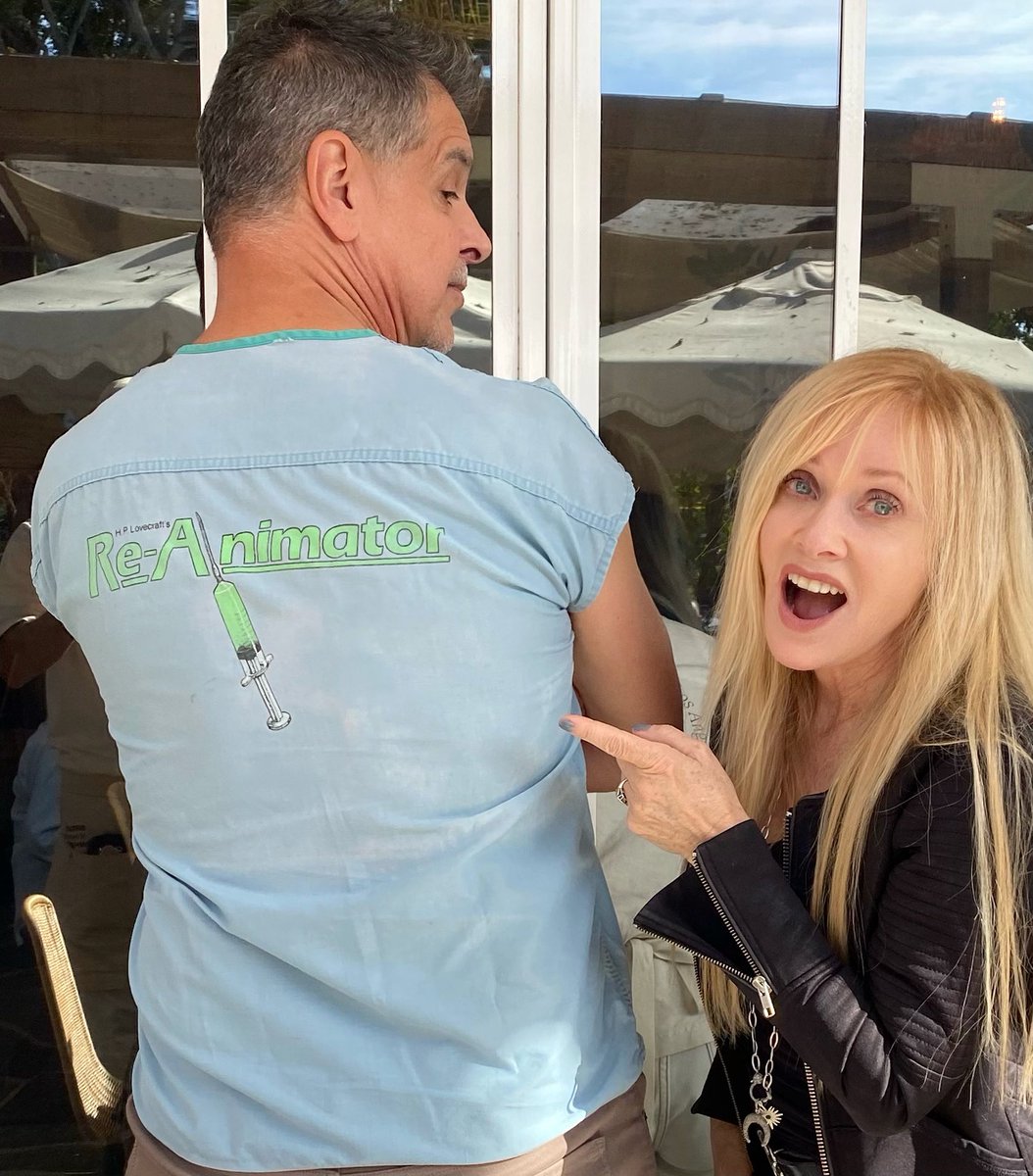 Barbara Crampton (@barbaracrampton) on Twitter photo At least I had a nice lunch with <a href="/RealDonMancini/">Don Mancini</a> who wore an original RE-ANIMATOR scrub-merch shirt 💚 At least I had a nice lunch with <a href="/RealDonMancini/">Don Mancini</a> who wore an original RE-ANIMATOR scrub-merch shirt 💚