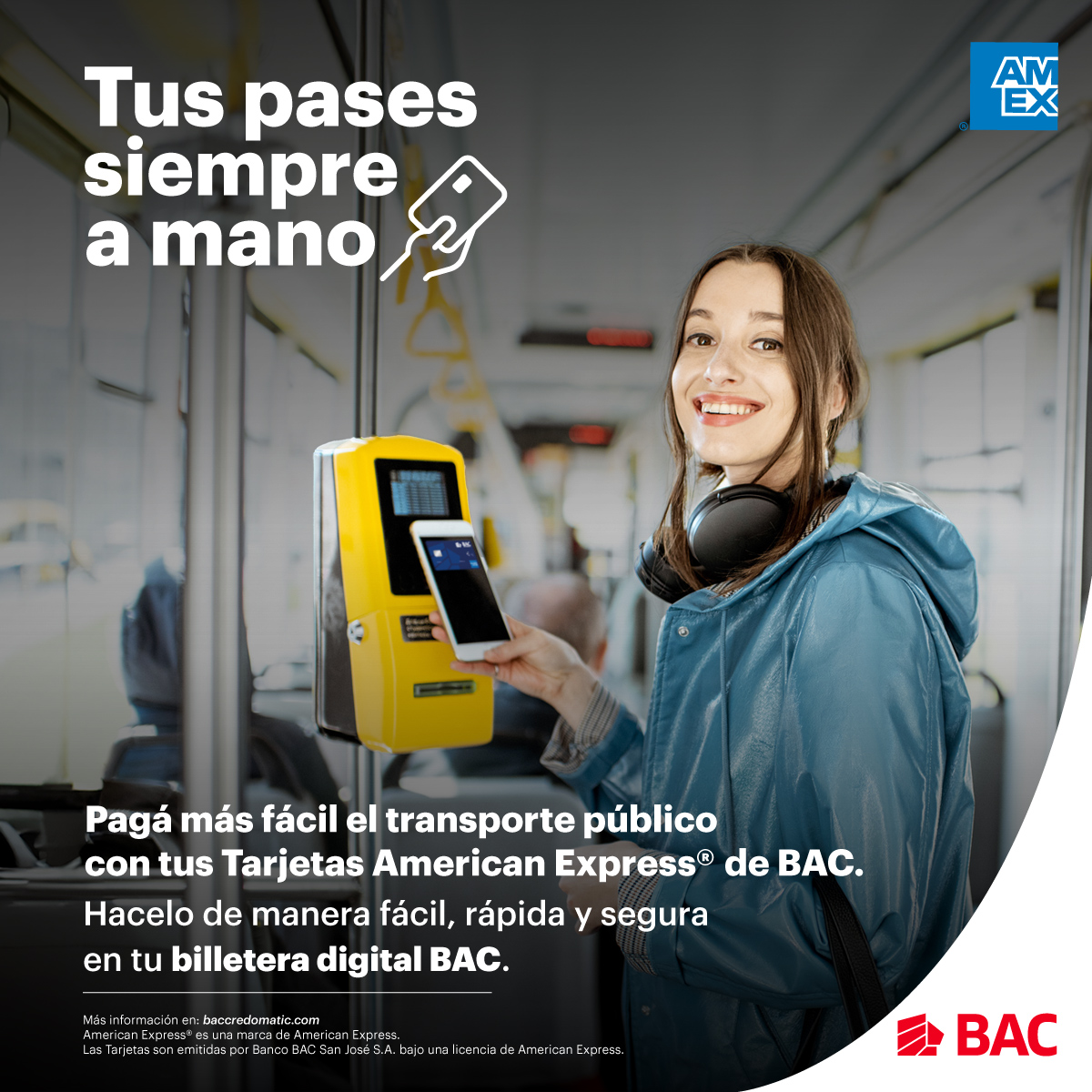 En BAC nos renovamos para ofrecerte un servicio ágil. Ahora podés pagar el transporte público de manera fácil y rápida con tu billetera digital de American Express® de BAC. ¡Ya no llevés efectivo, pagá de forma digital! #BACInnova #TrasportePublico #TarjetaAmericanExpressBAC