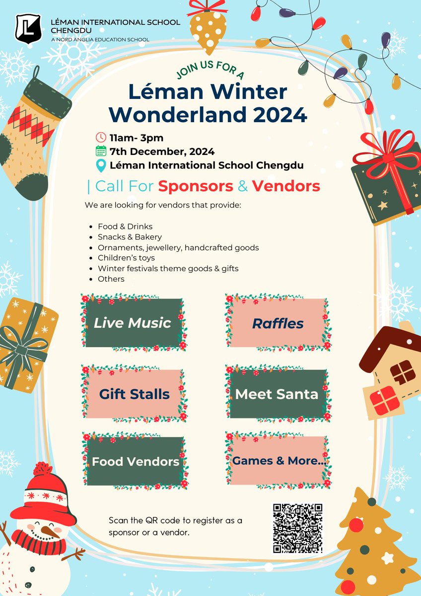 LemanChengdu's tweet image. We are pleased to announce that our 2024 Winter Wonderland Festival will be held on December 7th.
If you are interested in being a vendor or a sponsor, Please scan the QR code to register by 12th November. We look forward to cooperating with you!