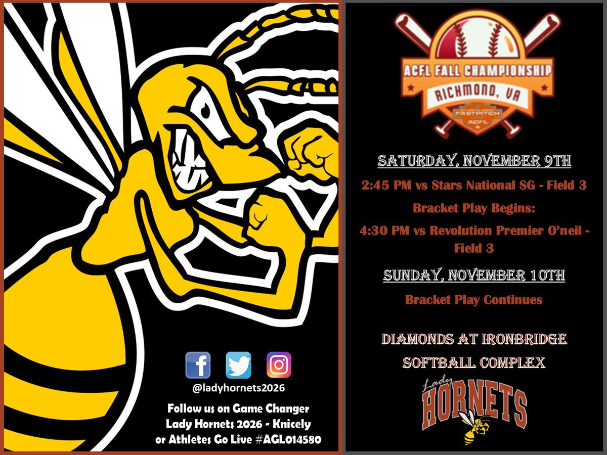 We are excited to be back on the field this weekend for the <a href="/ACFLfastpitch/">Atlantic Coast Fastpitch League | ACFL</a> Fall Championship and Showcase.  We are in Richmond this weekend, so come on out and watch us compete! 🐝💪🥎