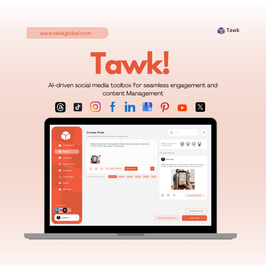 TawkGlobal's tweet photo. At Tawk Global, we're on a mission to empower all businesses and creators with a platform built to streamline their social media journey. #tawk https://t.co/C3CZVaIDPs