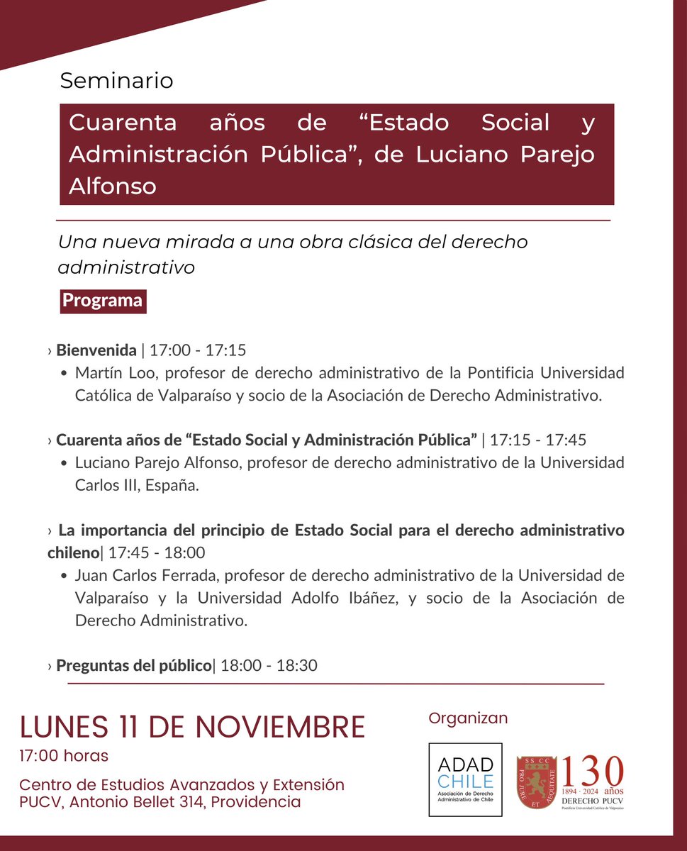 🎓 Te invitamos al seminario “Cuarenta años de Estado Social y Administración Pública, de Luciano Parejo Alfonso”.

Este seminario celebra la nueva edición de un clásico del derecho administrativo hispanoamericano, re-editado por <a href="/DEREdiciones/">DER Ediciones</a>. ¡No te lo pierdas!