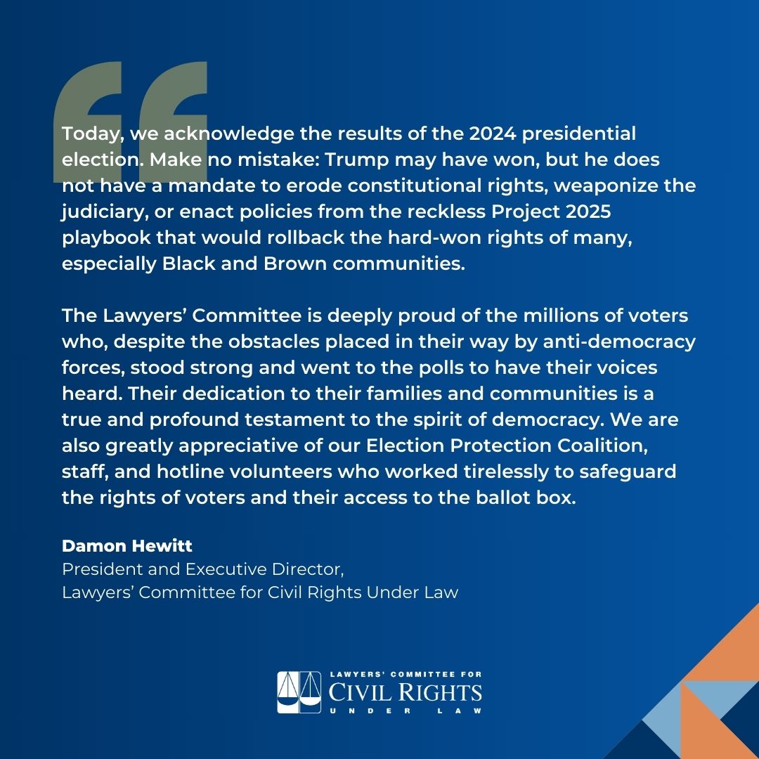 Lawyers' Committee for Civil Rights Under Law (@lawyerscomm) on Twitter photo As called by <a href="/AP/">The Associated Press</a>, Donald Trump will be the next president of the United States. In response to this news, <a href="/DamonTHewitt/">Damon Todd Hewitt</a>, president and executive director of the Lawyers' Committee for Civil Rights Under Law, has released a statement: lawyerscommittee.org/lawyers-commit… As called by <a href="/AP/">The Associated Press</a>, Donald Trump will be the next president of the United States. In response to this news, <a href="/DamonTHewitt/">Damon Todd Hewitt</a>, president and executive director of the Lawyers' Committee for Civil Rights Under Law, has released a statement: lawyerscommittee.org/lawyers-commit…