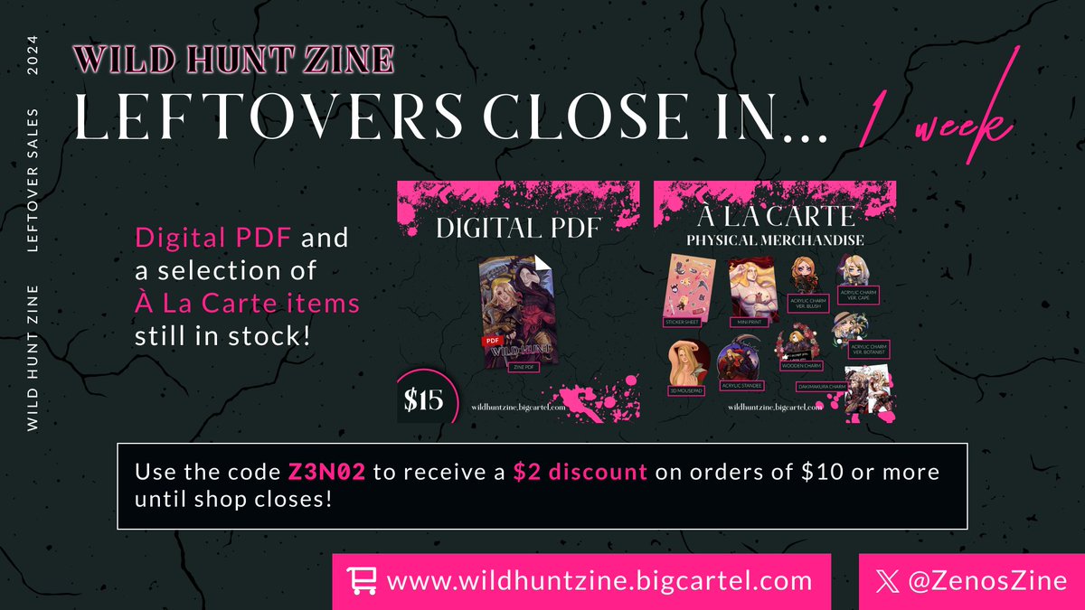 🩸 LEFTOVER SALES CLOSE IN 1 WEEK🩸
Our Digital PDF bundles as well as a selection of A La Carte items are still in stock!

Starting now, use the code Z3N02 to receive a $2 discount on orders of $10 or more until the shop closes on November 17th~

Discount Code:
Z3N02