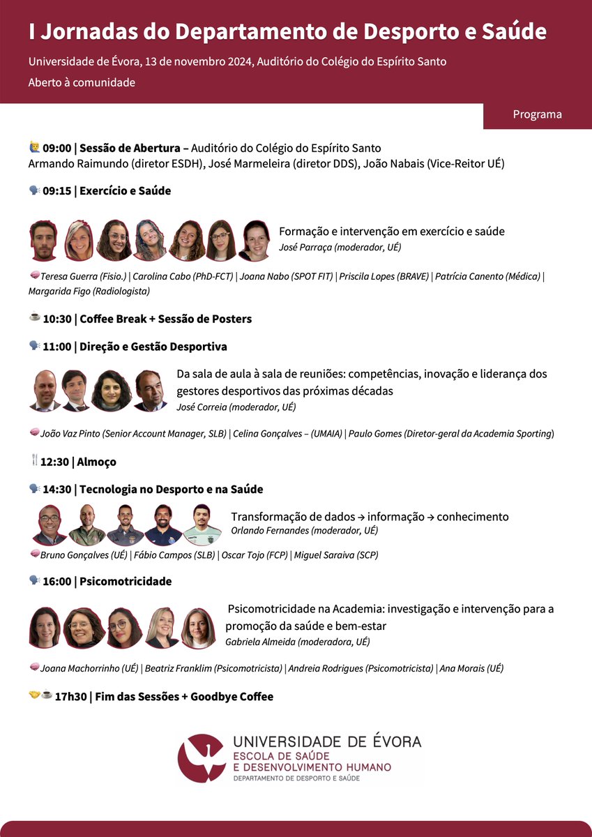 📢 I Jornadas do Departamento de Desporto e Saúde da <a href="/univdeevora/">Universidade Évora</a>

📅 13 de novembro de 2024 
📜 Aberto a toda a comunidade!