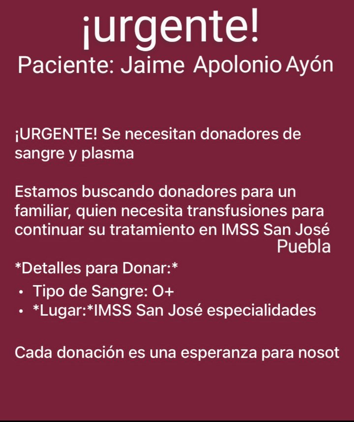DeliaHGO's tweet photo. @laredcincoradio @TribunaVigila @grupoacir @OroNoticiasPue @aztecapuebla @Canal13Puebla @PueblaEnRedes
#donaciónAltruista
#donarsangre 
Hospital IMSS San José, Puebla 
Informació:  Lucero Osorio 
CEL: 222 487 6968 https://t.co/ozLynuMw4D