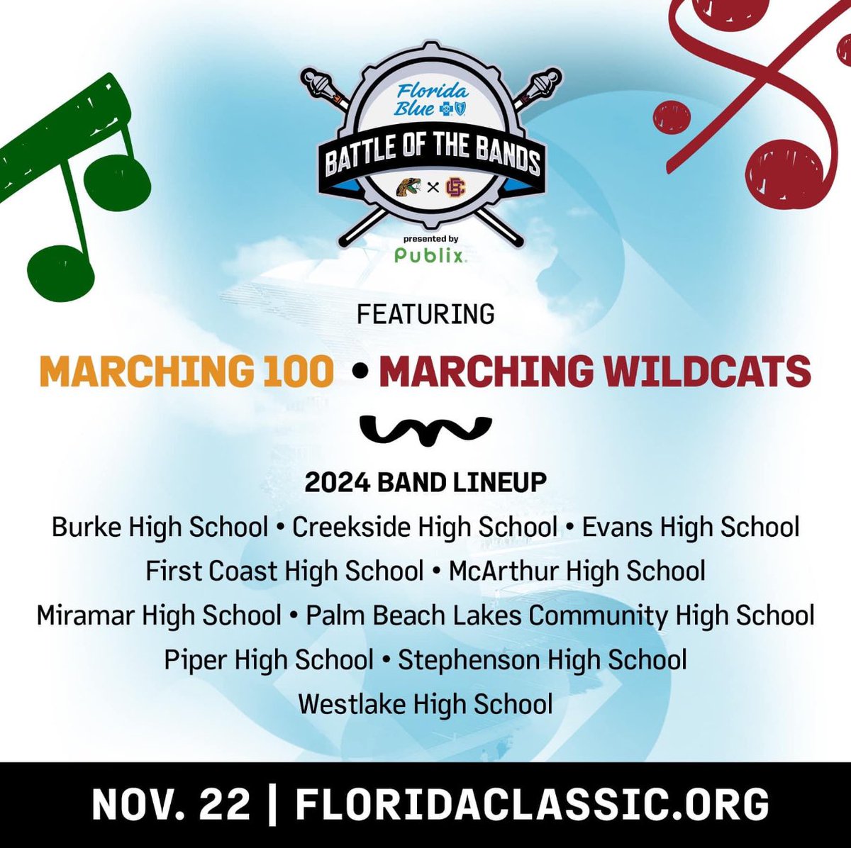 You won’t want to miss this year’s Battle of the Bands featuring the <a href="/THEMARCHING100/">FAMU's Marching 100</a> and <a href="/bcuwildcats/">Marching Wildcats</a>, and 10 outstanding high school bands. Get your tickets today: floridaclassic.org/event/florida-…