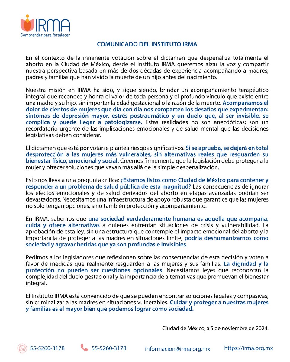 Comunicado  sobre el dictamen que despenaliza totalmente el aborto en la CDMX 2024