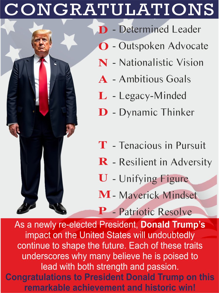 SAMVEDNA2010's tweet photo. Congratulations, Mr. President-elect Donald Trump, on this historic win. Your leadership, as reflected in each letter of your name, brings hope and anticipation for what lies ahead for the nation.

#CongratulationsPresidentTrump #NewEraForAmerica #PresidentTrump #2024USElection https://t.co/oTuIni7Fh6