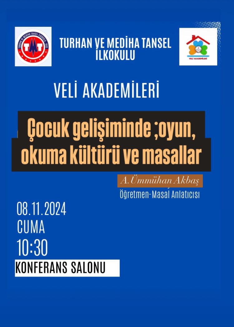 Çocuk gelişiminde oyunun önemi  sevgi ihtiyacından sonra ikinci sırada yer alır.
Cuma günü Veli Akademileri kapsamında; oyun, etkileşimli kitap okumak ve masallar çocuk dünyasında etkileri üzerine söyleşeceğiz.