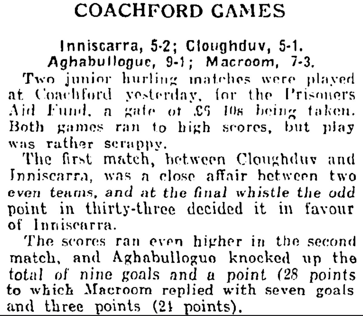 HurlingHistory's tweet photo. On this day in 1938 there were two Junior hurling matches played at Coachford in support of the Belfast Political Prisoners Dependents Fund, with victory going to @ScarraGAA and @aghabulloguegaa #corkhurlinghistory https://t.co/SA3ZjfBZYQ