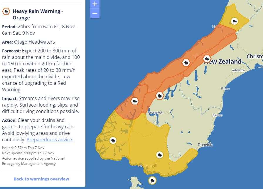 MetService has issued a heavy rain warning for the Otago headwaters, for full details head over to: facebook.com/OtagoCDEM