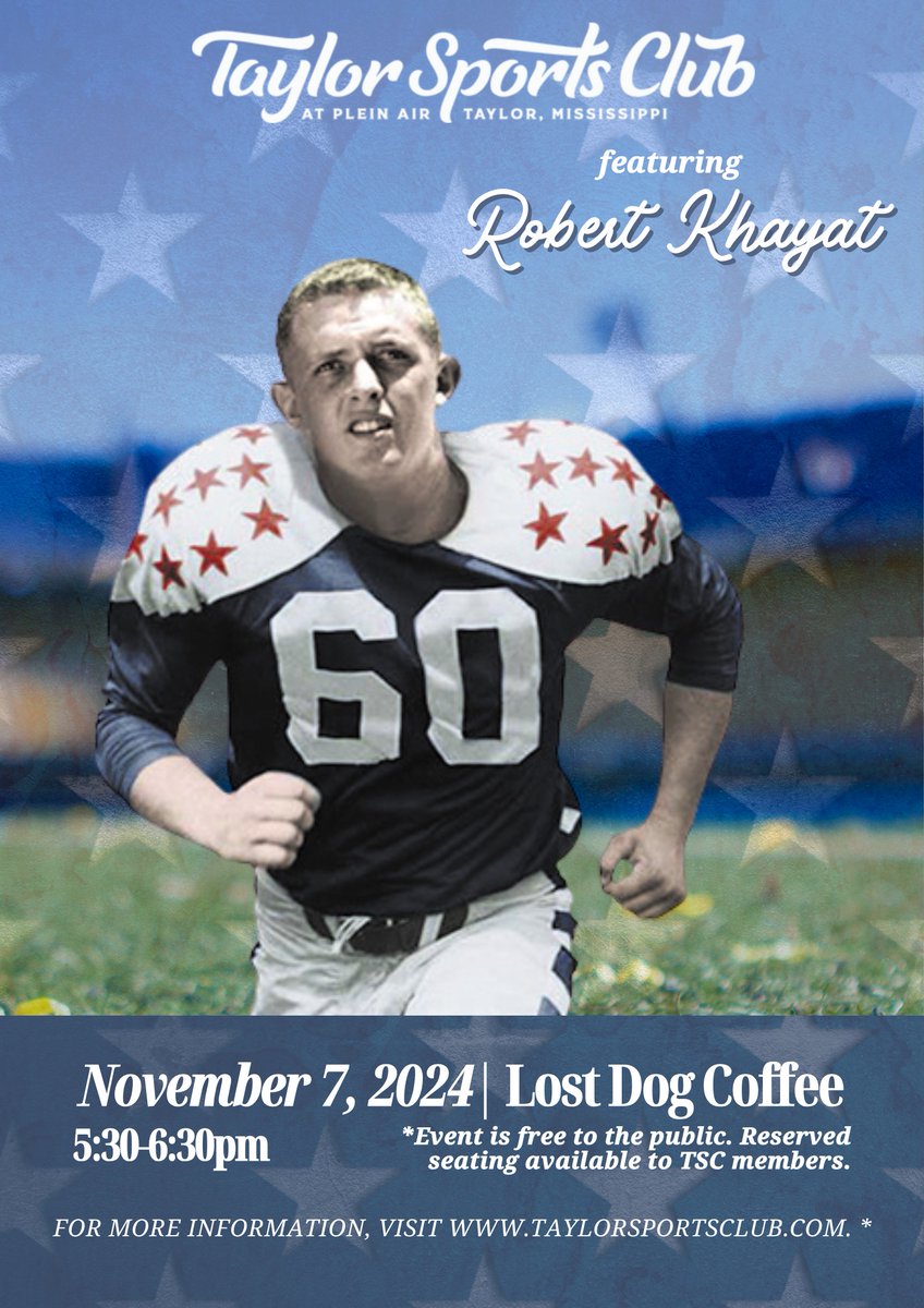 Dr. Hunter Taylor (@drhuntertaylor) on Twitter photo TSC returns tomorrow (11/7) at 5:30 PM (new time) and features Dr. Robert Khayat along with some very special guests.
Hosted by <a href="/lostdogcoffee1/">lostdogcoffee</a>.
Sponsored by <a href="/OriginBank/">Origin Bank</a> and College Corner.
And free refreshments by Circle & Square.
To learn more, visit taylorsportsclub.com TSC returns tomorrow (11/7) at 5:30 PM (new time) and features Dr. Robert Khayat along with some very special guests.
Hosted by <a href="/lostdogcoffee1/">lostdogcoffee</a>.
Sponsored by <a href="/OriginBank/">Origin Bank</a> and College Corner.
And free refreshments by Circle & Square.
To learn more, visit taylorsportsclub.com