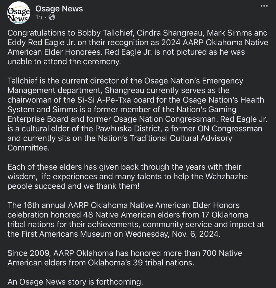 Congratulations to Bobby Tallchief, Cindra Shangreau, Mark Simms and Eddy Red Eagle Jr. on their recognition as 2024 AARP Oklahoma Native American Elder Honorees. Red Eagle Jr. is not pictured as he was unable to attend the ceremony held in Oklahoma City on Nov. 6.