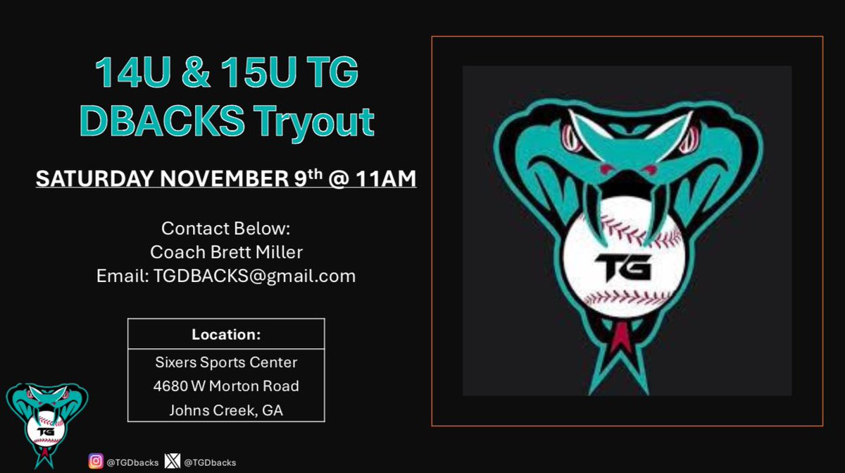 TgDbacks's tweet photo. 🚨14U & 15U Summer 2025 Tryouts 🚨
This Saturday, November 9th at 11AM
DM or email us if you have any questions
#TGDbacks https://t.co/4WnRkO5Vj9