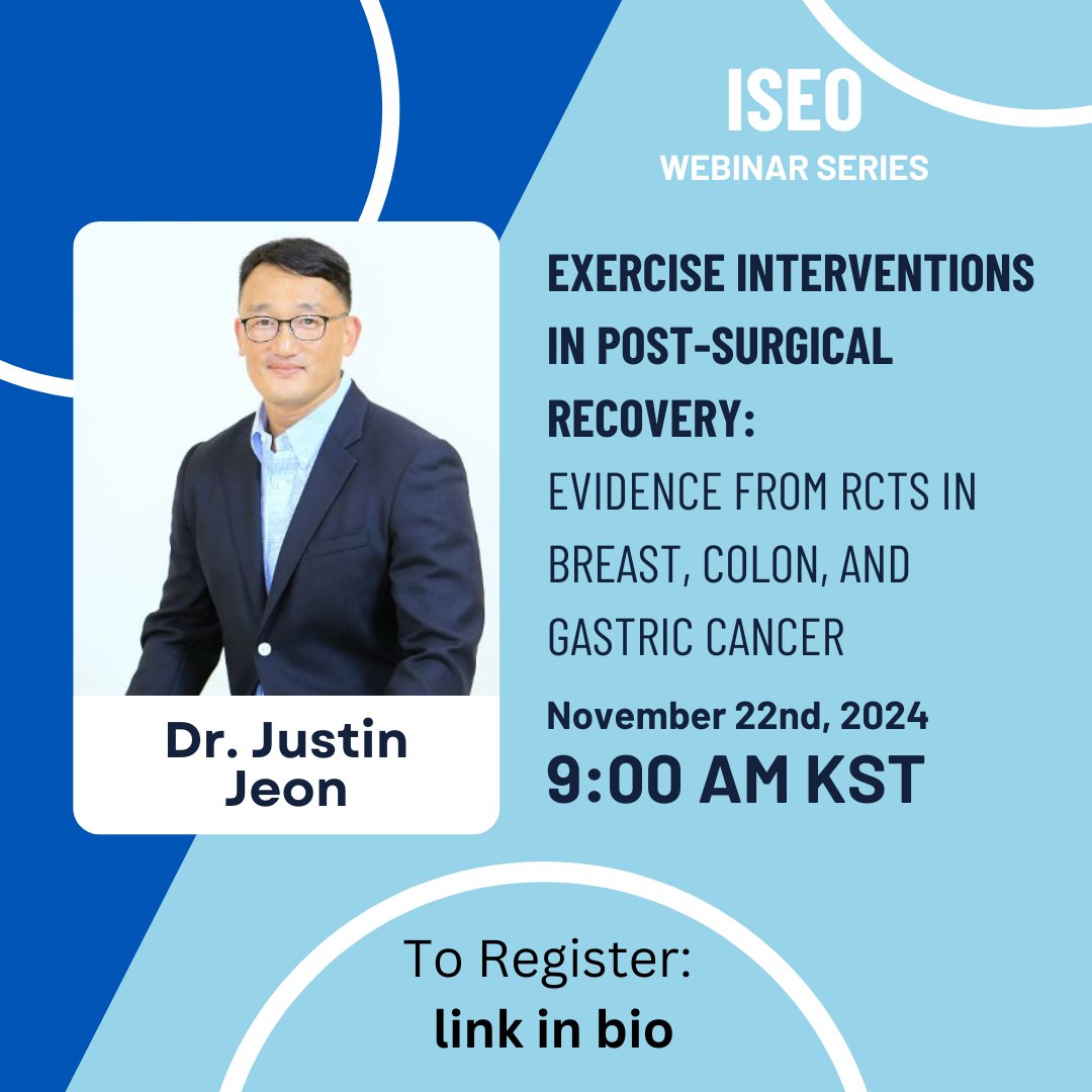 Cancer Exercise & Physiotherapy Lab (@cepl_ubc) on Twitter photo Registration is open for the next session of our ISEO webinar series, featuring Dr Justin Jeon from Yonsei University in Seoul, South Korea! 🇰🇷
For more information and to register for this webinar, visit the following link: cancerexercise.med.ubc.ca/iseo-home/iseo…
<a href="/KLCampbellPhD/">Kristin Campbell, PhD</a> Registration is open for the next session of our ISEO webinar series, featuring Dr Justin Jeon from Yonsei University in Seoul, South Korea! 🇰🇷
For more information and to register for this webinar, visit the following link: cancerexercise.med.ubc.ca/iseo-home/iseo…
<a href="/KLCampbellPhD/">Kristin Campbell, PhD</a>
