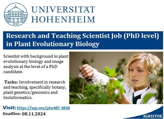 agristok's tweet photo. 📌 Research and Teaching Scientist Job (at the level of a PhD) with background in Plant Evolutionary Biology 🌱🧬 at University of Hohenheim in Germany 🇩🇪... Please share and spread the word! For details visit: https://t.co/qytJESxcYq