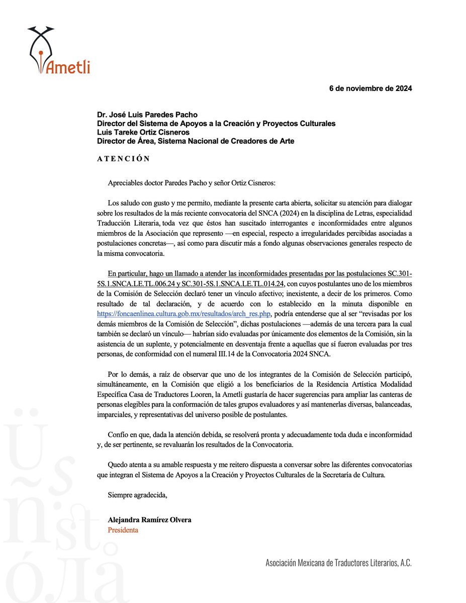 Carta abierta.

<a href="/cultura_mx/">Secretaría de Cultura</a> 
<a href="/SistemaCreacion/">Sistema de Apoyos a la Creación</a>