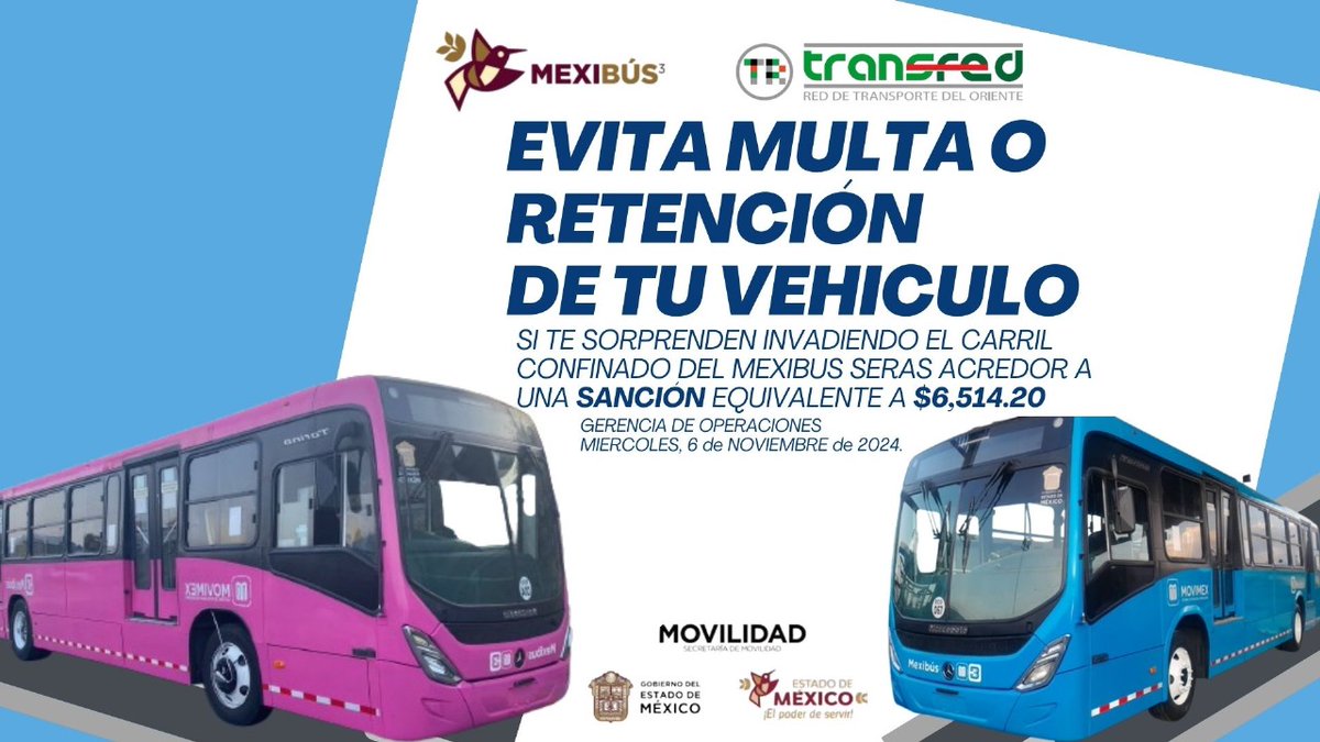 Mexibuslll's tweet photo. #EvitaSanciones ¡Juntos podemos prevenir accidentes! 🚨
#Mexibuslínea3 No invadas el #CarrilConfinado del #Mexibus.
Evita accidentes y demoras, respeta el reglamento de #Tránsito. 🚘
#Seguridad #YoRespeto #RespetaLasLeyesDeTránsito https://t.co/m3NYnDc2mf