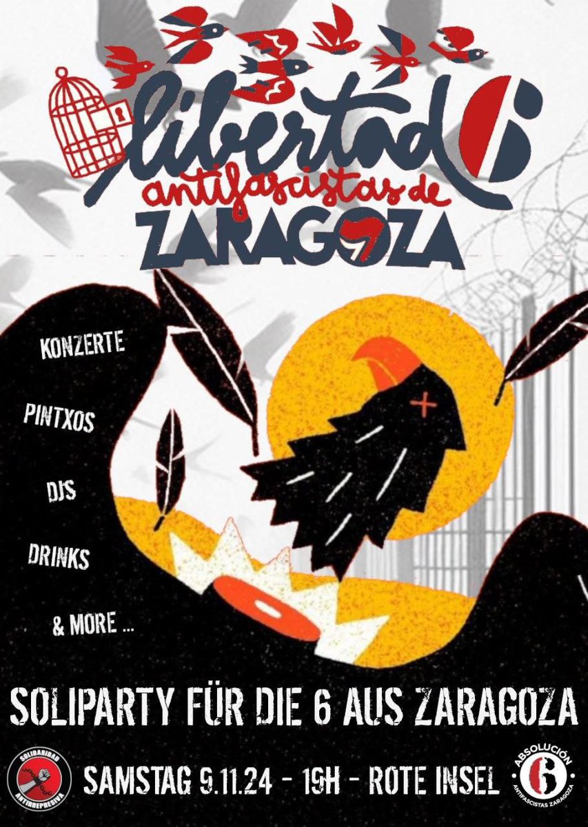 CUPExterior's tweet image. Aquest dissabte 9/11 a la Rote Insel de Berlin: Soliparti en suport als 6 de Saragossa, empresonats degut a una condemna injusta. Amb el CDR Berlín. Junts contra la repressió, per la llibertat i la justícia! 
#Solidaritat #soliparty