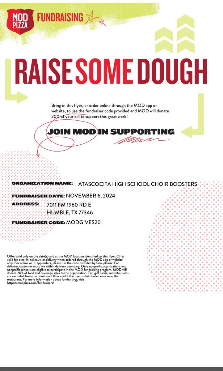 Don’t forget to stop by MOD and support AHS choir! Show the flyer or type in “MODGIVES20” for curbside or online orders! Until 10 PM tonight! <a href="/HumbleISD/">Humble ISD</a> <a href="/HumbleISD_AHS/">The Atascocita HS</a> <a href="/WLMSChoir/">West Lake Middle School Choir</a> <a href="/tigerchoirs/">AMS_TigerChoirs</a>