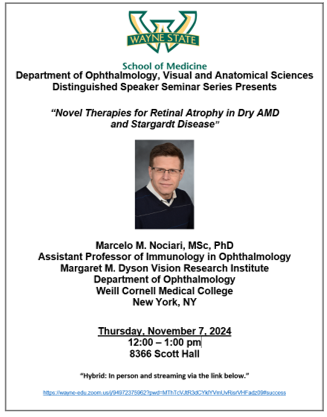 Wayne OVAS/Kresge Eye Institute/Wayne Health (@waynestateovas) on Twitter photo Our next distinguished seminar speaker is Dr. Nociari from <a href="/WeillCornell/">Weill Cornell Medicine</a>. Join us as we dive into innovative treatment options for dry AMD and Stargardt disease. #Ophthalmology #AMD #Stargardt Our next distinguished seminar speaker is Dr. Nociari from <a href="/WeillCornell/">Weill Cornell Medicine</a>. Join us as we dive into innovative treatment options for dry AMD and Stargardt disease. #Ophthalmology #AMD #Stargardt
