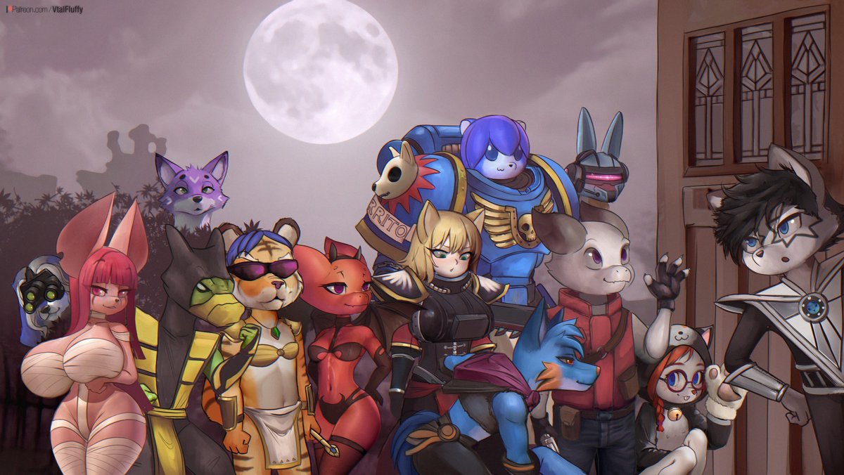 VTAL_Artist's tweet photo. A little painting i did featuring some friend-floofs from my patreon server n w n
OwO yeah, for the spooky day, everyone wearing special costume. 
#furry #Halloween https://t.co/HLQUzb4wZq