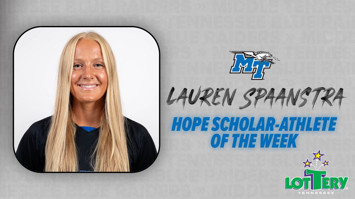 Middle Tennessee Athletics (@mtathletics) on Twitter photo .<a href="/MT_Soccer/">Middle Tennessee Soccer</a>'s Lauren Spaanstra is this week's <a href="/TNLottery/">Tennessee Lottery</a> Hope Scholar Athlete of the Week! .<a href="/MT_Soccer/">Middle Tennessee Soccer</a>'s Lauren Spaanstra is this week's <a href="/TNLottery/">Tennessee Lottery</a> Hope Scholar Athlete of the Week!