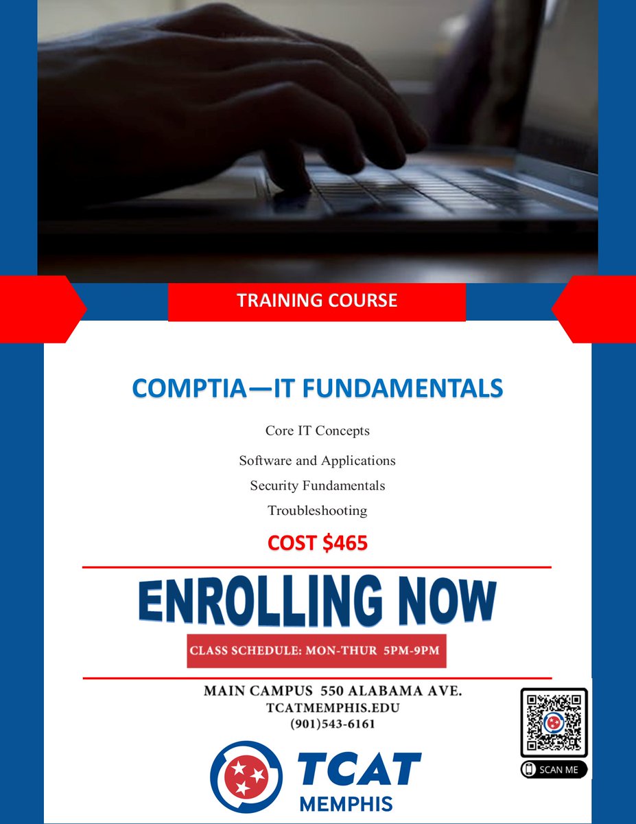 TCAT Memphis is excited to announce a new training opportunity for all of you advanced end-users and those considering careers in IT. Scan the QR Code on the flyer to see for enrollment information!