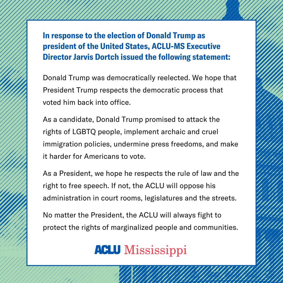 For over 50 years, the ACLU of MS has remained committed to defending and protecting the civil rights and civil liberties of Mississippians. 

We are not new to this. We are true to this, and we are ready for whatever may come our way.
#westayready