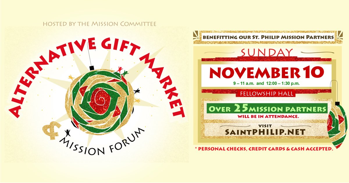 StPhilipHouston's tweet photo. Alternative Gift Market and Silent Auction this Sunday, see you there!

The entire St. Philip congregation, visitors to the church, and your friends and family are invited to the 2024 Alternative Gift Market this Sunday, November 10 in the Fellowship Hall starting at 9 am! https://t.co/fBp8XuIJkf
