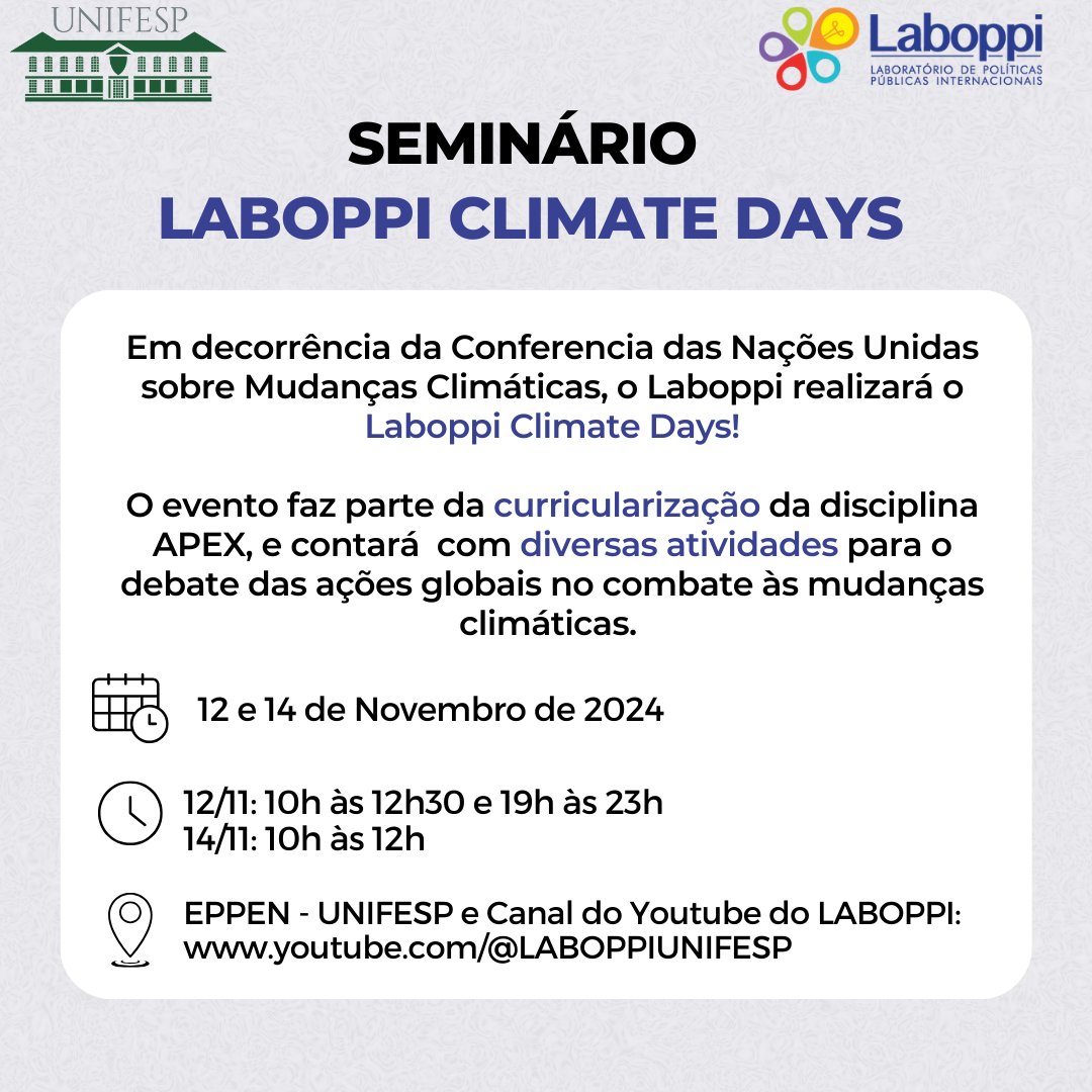 A COP29 está chegando, e com ela, o Laboppi Climate Days na Unifesp! 🌱 

De 12 a 14 de novembro, venha discutir o futuro das ações climáticas internacionais com a gente!  

Já anota na agenda para não perder e fiquem ligados nas nossas redes para às próximas novidades!