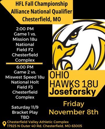 Heading to Chesterfield, Missouri this weekend for the HFL Fall Championship Alliance National Qualifier. <a href="/LalondeSoftball/">Adam LaLonde</a> <a href="/HawksJoseforsky/">Ohio Hawks National Joseforsky 18U</a> <a href="/FieldofDreamsOH/">Field of Dreams</a>